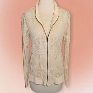 Living Doll Ivory‎ Ecru Lace Zip Up Unlined Jacket Size Med